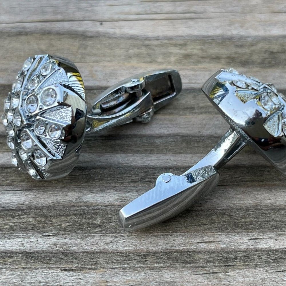Cuff Links Men Shirt Crystal Accent Studd Cufflink Silver Tone Cuff link - Picture 9 of 12